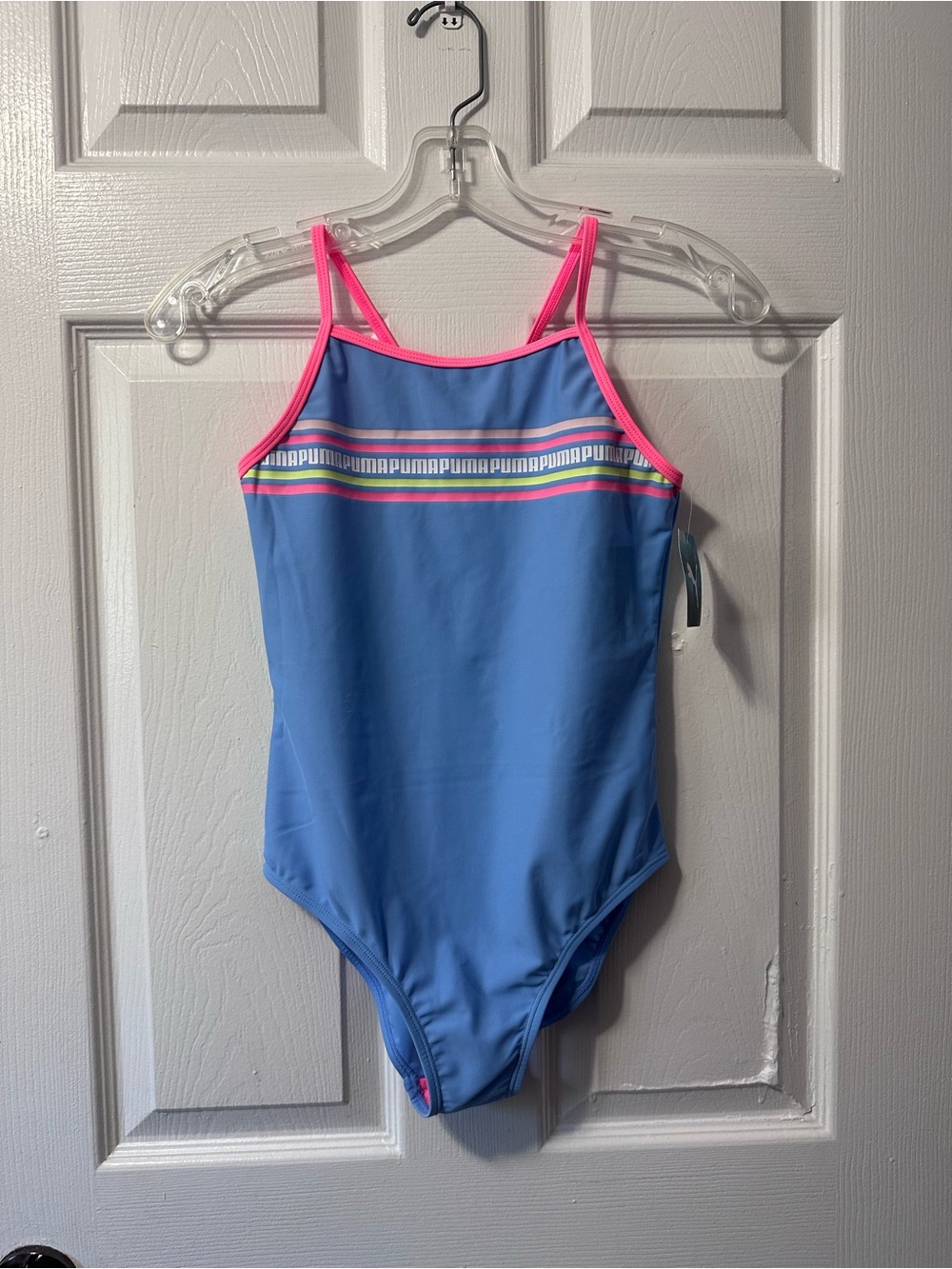 Puma Blue One-Piece Girls' Swimsuit with Pink Trim